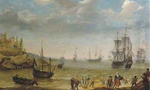 A rocky coastal scene with fisherfolk bringing in their catch, a Man-of-War and other shipping offshore by Abraham Willaerts