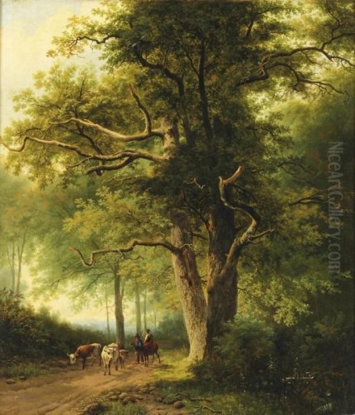 Figures With Cattle On A Path In A Forest - view 1