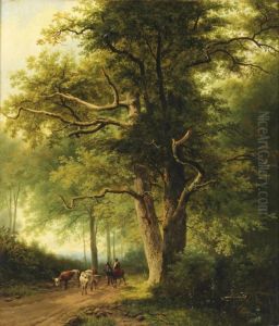 Figures With Cattle On A Path In A Forest by Willem Bodemann