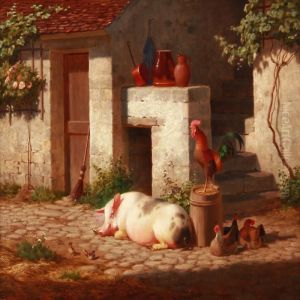 A Pig Basking In The Sun In Front Of A Farmhouse With Free-range Chickens by Carl Henrik Bogh