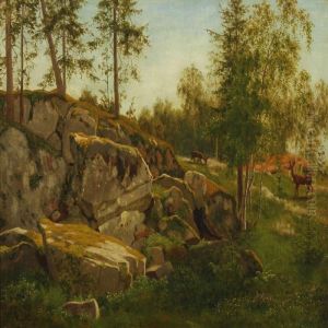 Landscape With Rocks And Grazing Deers by Carl Henrik Bogh