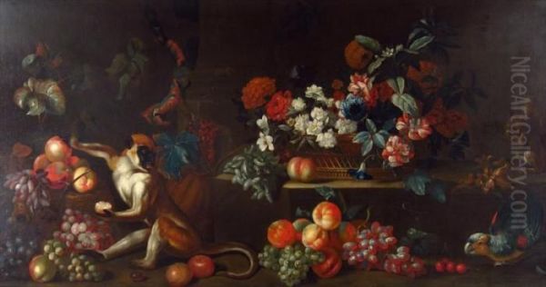 Still Life: Fruits And Flowers On A Ledge - view 1