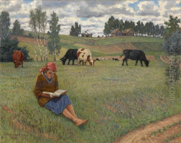 Girl Reading In A Meadow - view 1