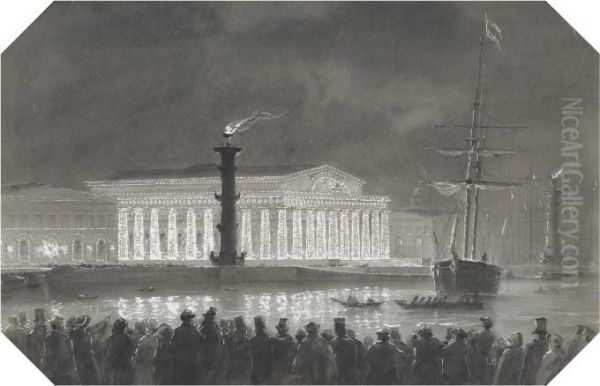 The Stock Exchange And Rostral Columns, St. Petersburg, Illuminated At Night - view 1