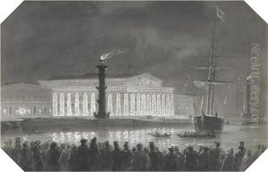The Stock Exchange And Rostral Columns, St. Petersburg, Illuminated At Night by Ludwig Franz Karl Bohnstedt