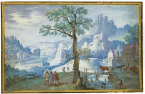 Landscape With Christ On The Road To Emmaus, A Woman Herding Cattle To The Right by Hans Bol