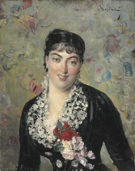 Portrait De Femme Au Bouquet De Roses - view 1