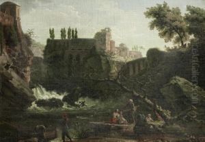 Figures Seated Before An 
Italianate Landscape, With A Waterfall In The Distance And A Villa On 
The Horizon