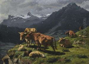 Cattle And Sheep In An Alpine Landscape by Rosa Bonheur