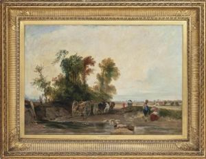 A River Landscape With A Timber Wagon, Figures Resting In The Foreground