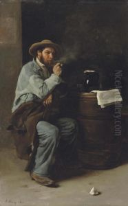 A Man In An Interior Smoking A Pipe by Francois Bonvin