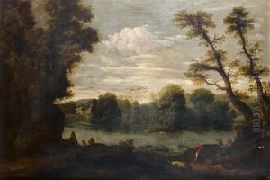 Chasseurs Dans Un Paysage De Riviere
