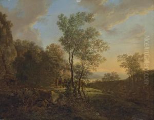 An Italianate Wooded Landscape With Travellers On A Path