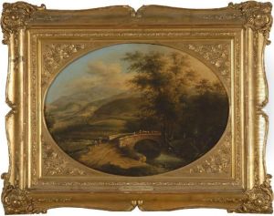 Rural Landscape With Peasant Figures And Cattle At A Bridge