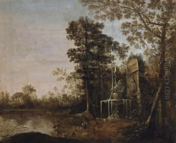 A Wooded Landscape With A Goatherd Before A Fountain - view 1