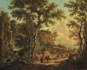A Mountainous River Landscape
With A Drover And His Cattle, Travellers On A Track, A Waterfall Beyond by Jan Both