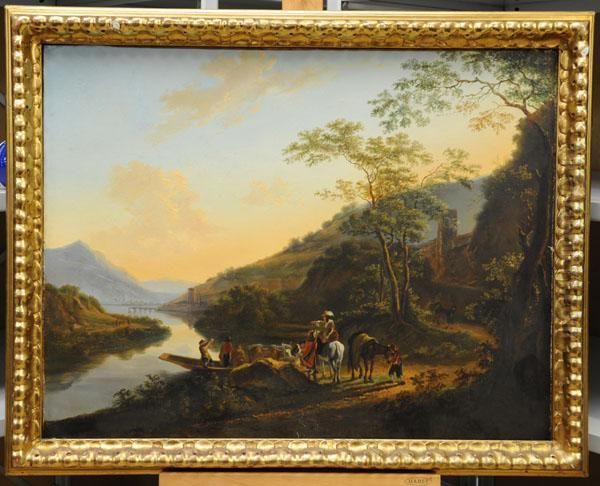 Cattle Being Led Off A Ferry 
Boat With Figures And Horses Standing By In Extensive Landscape - view 1
