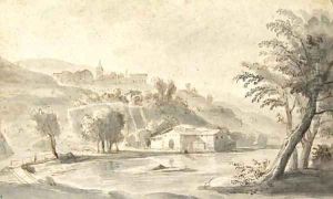 An Italian village on a hill seen from a river bank by Caspar Andriaans Van Wittel