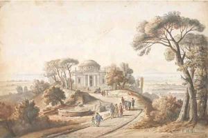 A landscape with figures walking towards a temple, the sea in the background