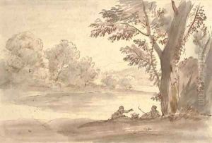 A lake on the edge of a wood with two figures by a tree