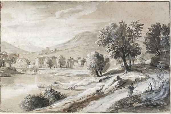An extensive river landscape with travellers, mountains in the distance - view 1