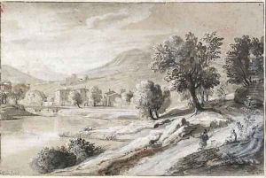 An extensive river landscape with travellers, mountains in the distance by Caspar Andriaans Van Wittel