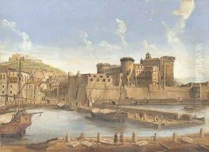 La Darsena delle galere View of Naples from the harbour, with a view of the Castel Nuovo and Capodimonte beyond by Caspar Andriaans Van Wittel