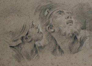 Heads Of Two Men Wearing Helmets, Their Eyes Raised by Francois Boucher