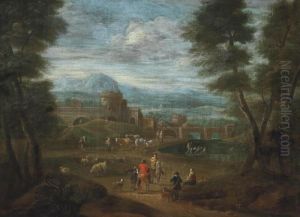 An Extensive River Landscape With Travellers Outside A Fortified Town An Extensive River Landscape With Travellers Outside A Fortified Town