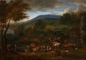 Weite Flusslandschaft Mit Bauern Und Vieh