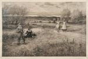 Two Anglers By A River With Two Milkmaids Walking Past by George Henry Boughton