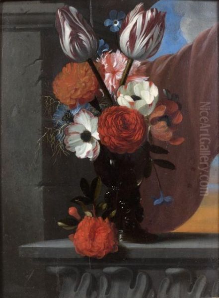Oeillets, Tulipes Et Pensees Dans Un Vase Pose Sur Un Entablement - view 1