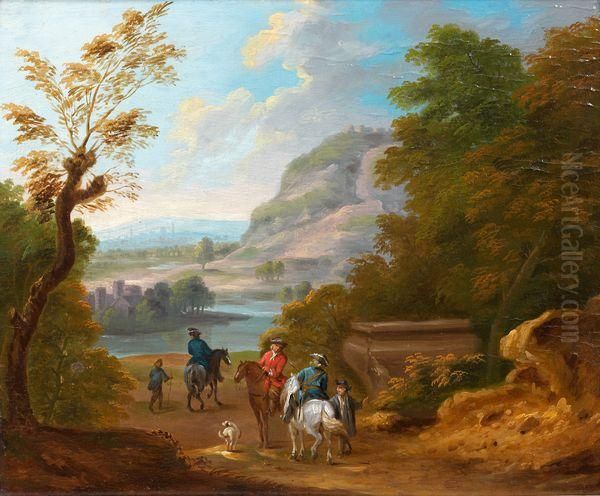 Cavaliers Devant Un Paysage De Riviere - view 1