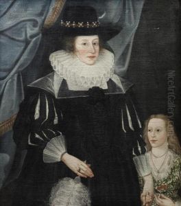 Portrait Of Catherine Babington And Her Daughter Lucy, Standing Before A Blue Curtain by Edward Bower