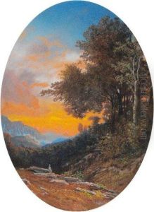 < Personnage Dans Un Paysage Au Soleilcouchant >. by Emile Boyer