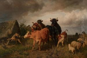 Rinder Und Schafe Auf Der Wiese by Anton Braith