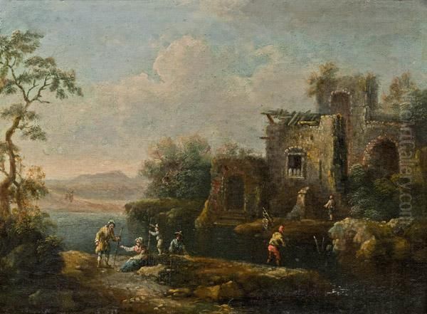 Fluslandschaft Mit Einer Ruine Und Anglern - view 1