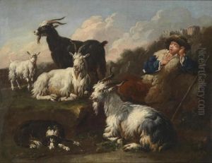 A Herd Of Goats With A Sleeping Shepherd by Domenico Brandi