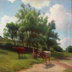 Summer Landscape With A Peasant Woman And Two Cows by Hans Ole Brasen