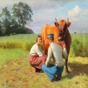 Young Milkmaid Is Milking The Cow by Hans Ole Brasen