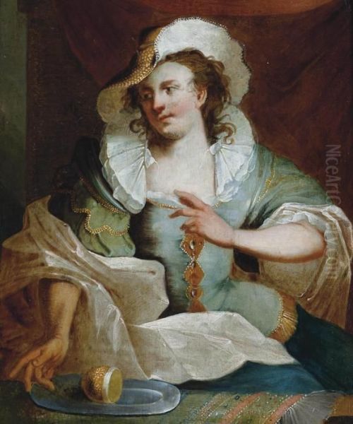 Portrait Of A Lady, 
Three-quarter-length, In An Embroidered Blue Dress With A Brown Hat, 
Seated Beside A Partly-draped Table With A Lemon On A Pewter Plate - view 1