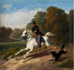 Ausritt Eines Herrn Mit Zylinder Auf Einem Schimmel In Begleitung Eines Hundes