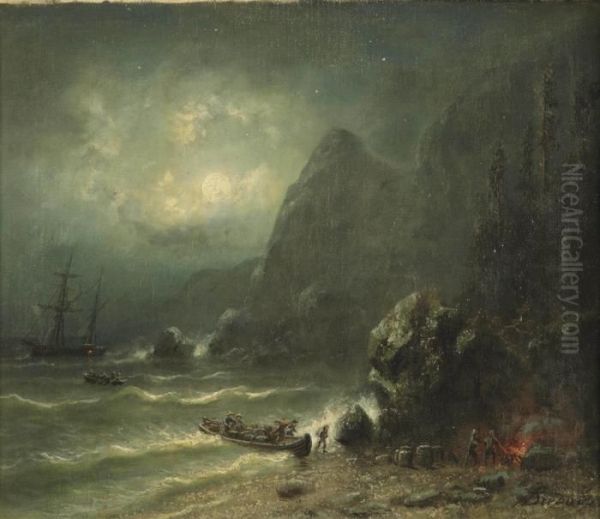 Unloading A Ship On A Seashore By Moonlight - view 1
