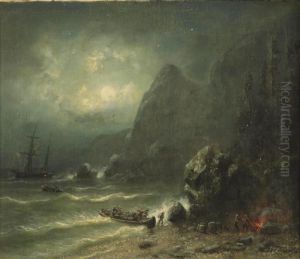 Unloading A Ship On A Seashore By Moonlight