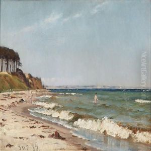 Beach Scene With Bathing Boys And A Woman by Johan Ulrik Bredsdorff