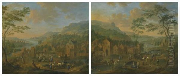 Two Scenes Of A Village On The Banks Of A River - view 1