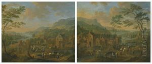 Two Scenes Of A Village On The Banks Of A River by Karel Van Breydel (Le Chevalier)