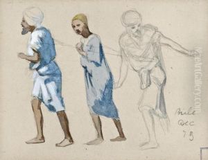 Three Studies Of Figures Towing A Dahabiya, Egypt by Frederick Arthur Bridgman