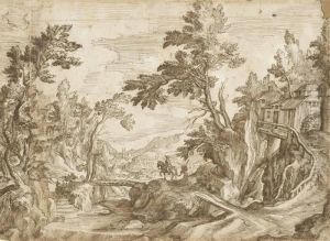 A Horseman Crossing A Bridge In A Wooded Landscape, A Town Beyond