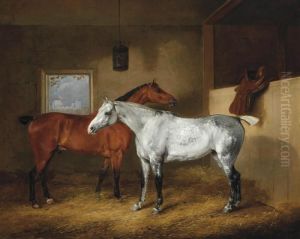 A Dappled Grey And A Chestnut Hunter In A Stable, With Windsor Castle Beyond by Edmund Bristow